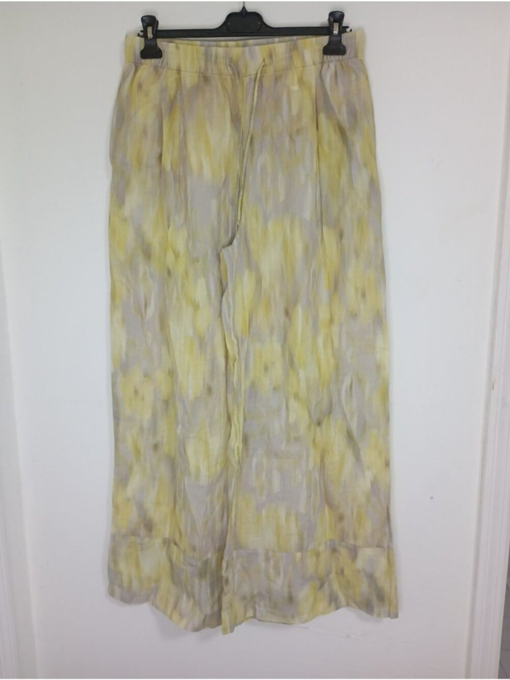 Zara Wide-Leg Pants Elastic Waist 100% Ramie Size M Yellow & Gray Lightweight